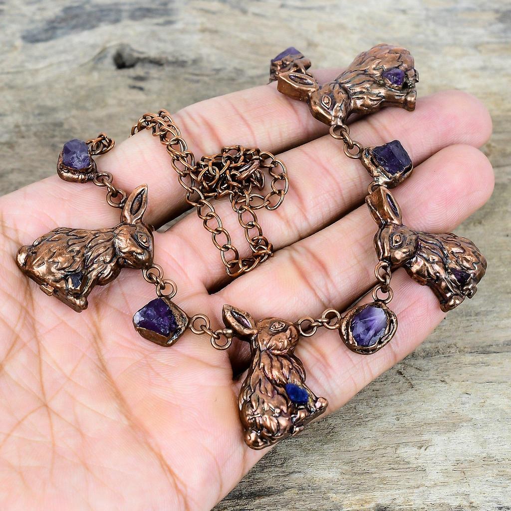 African amethyst rough gemstone necklace electroformed copper adjustable chain necklace rabbit necklace handmade copper jewelry gift for her