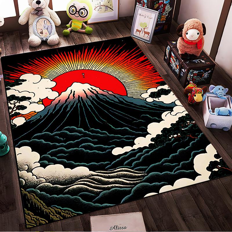 Retro Japanese Style Carpet with Mount Fuji and Rising Sun Design Suitable for use as an anti-slip for living room bedroom sofas