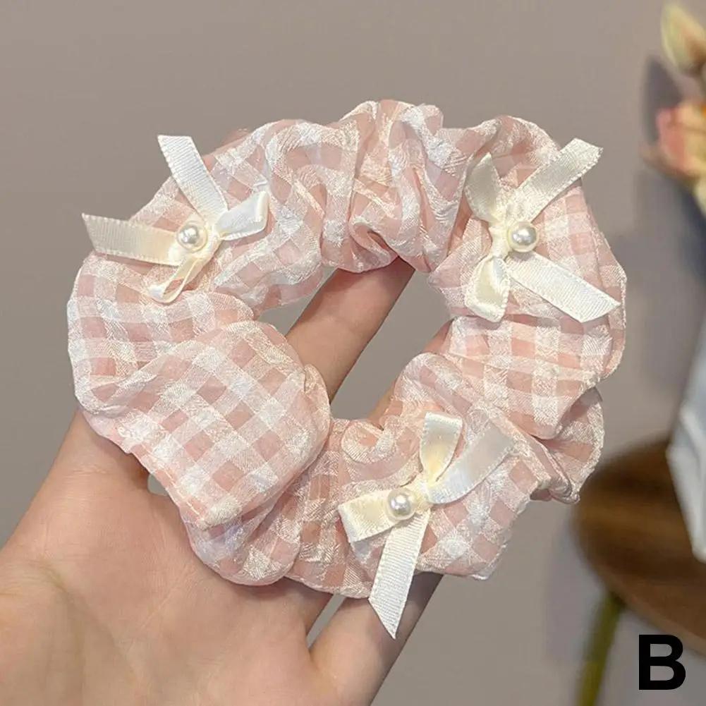 Sweet Pink and White Checkered Bow Large Intestine Hair Band High Appearance Level Hair Tie High Elasticity Rubber Band Headwear