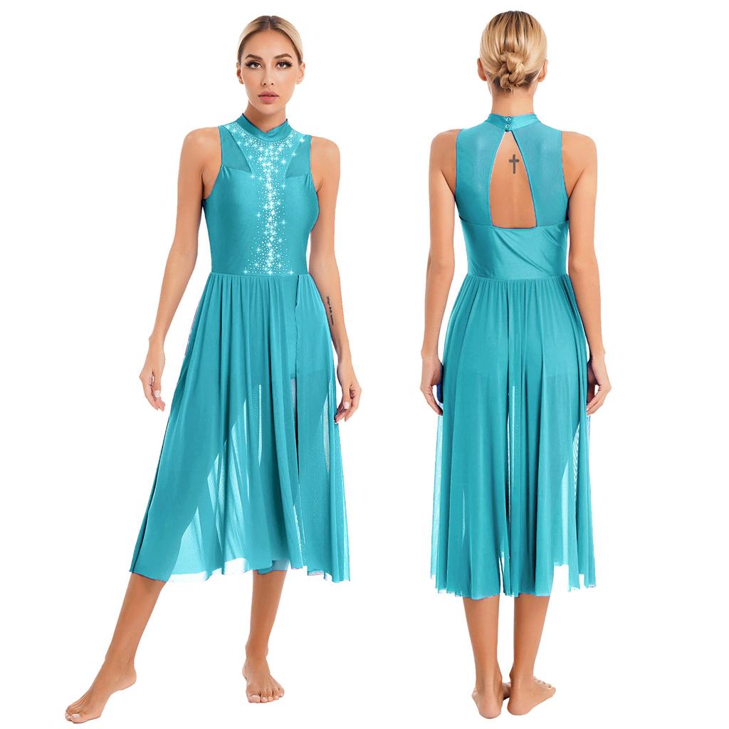 Frauen Asymmetrisches Ballettkleid Strass Ballsaal Lyrische zeitgenössische moderne Tanzkostüme Bühnenkostüm Trikotkleid