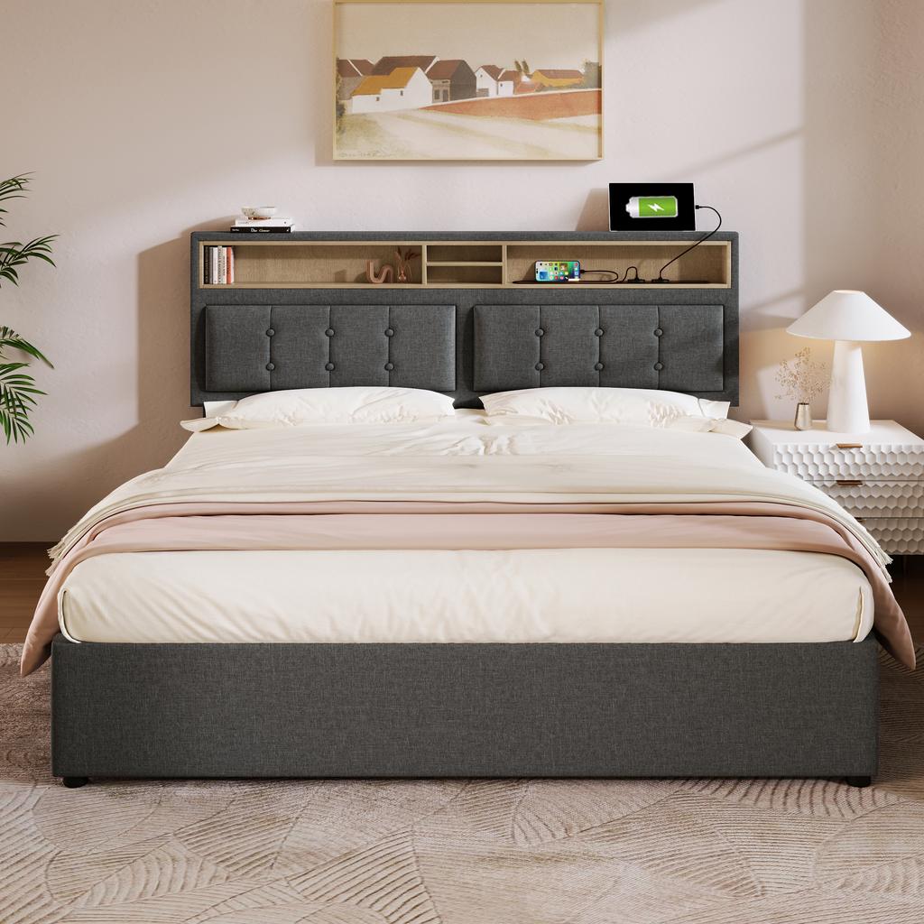 Double Bed with 4 Drawers & USB C Socket, Upholstered Bed 140x200cm, Height-Adjustable Headboard, Wooden Slatted Frame (With Mattress)