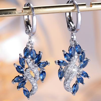 Royal Blue Zircon Leaf Drop Earrings for Women Silver Color Dangle Earrings Classic Elegant Jewelry Gift