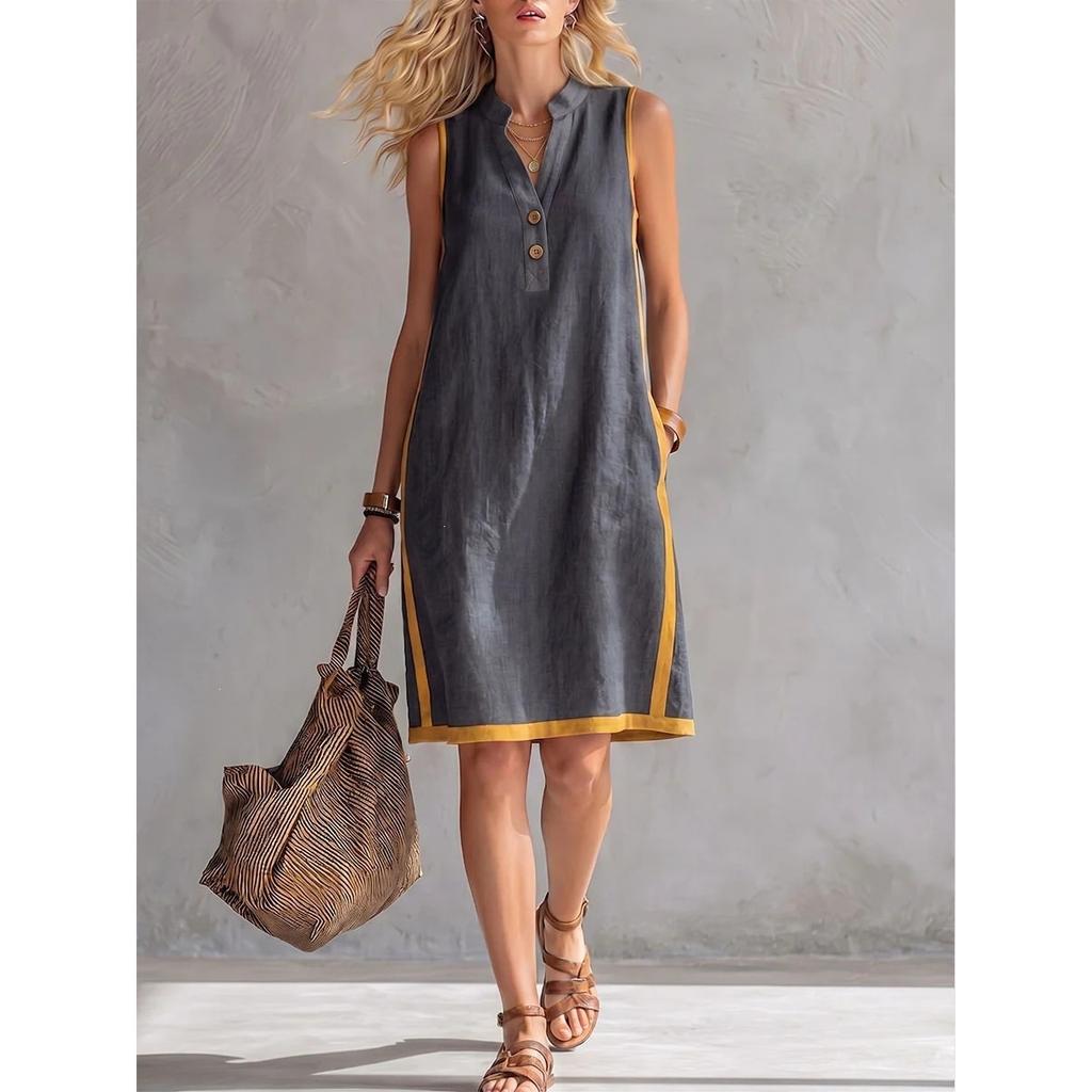 Summer Women's Casual Loose V-neck Sleeveless Cotton Linen Dress for Cross-border Europe & America