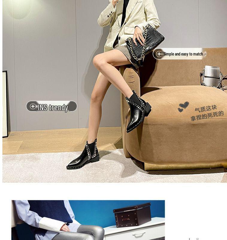 2025 Herfst/Winter Dames Puntige Neus Klinknagel Martin Laarzen - Middenhoge Hak Chunky Chelsea Enkellaarsjes