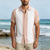 Men Short Sleeve Casual Button Down Shirt Relaxed Fit Lightweight Fabric Vertical Stripe Pattern Lapel Collar Pocket Design