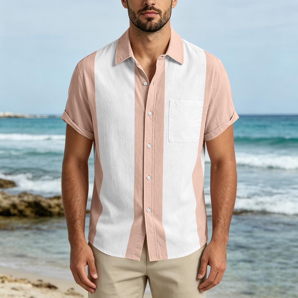 Men Short Sleeve Casual Button Down Shirt Relaxed Fit Lightweight Fabric Vertical Stripe Pattern Lapel Collar Pocket Design