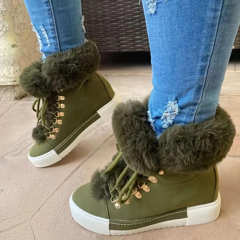 36-43 Women Fluffy Thick Fleece Liner Ankle Snow Boots Thermal Solid Color Lace Up Faux Leather Platform Shoes Botas Mujer