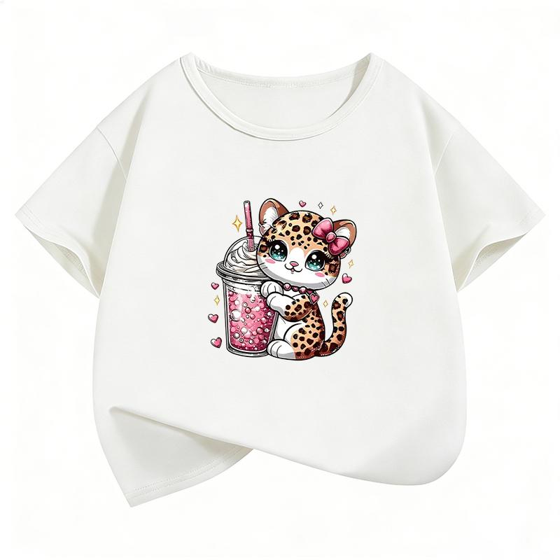 Leopardenmuster Katze T-Shirts Kurzarm Katze Lustig Manga Kinder Kinder T-Shirt Jungen Mädchen Lässiges Oberteil T-Shirt Sommer Frühling