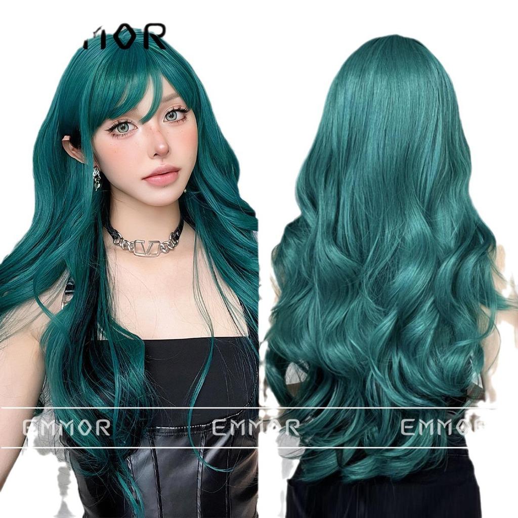 Sky Blue Long Curly Wig for Women - Daily Natural Look for Round Faces