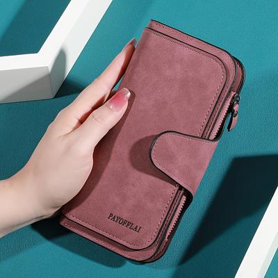 Modern Long Wallet for Women, Faux Leather, with Snap Closure, Zip Pocket, Nylon Lining, Multi-Card Slots, Edge Paint Detail