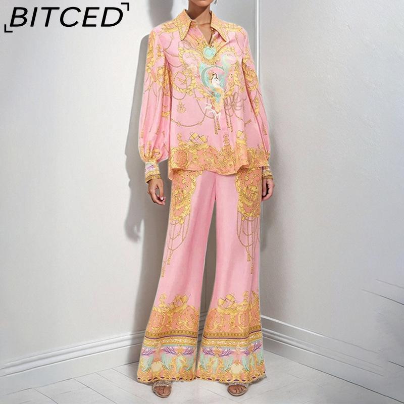 BITCED Damen Frühjahrskollektion: Eleganter Homewear-Stil Bedrucktes Langarm-Oberteil und Hose Lässiges Mode-Set