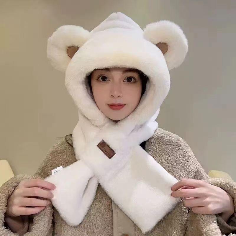 Cute cartoon bear plush hat scarf integrated women's autumn and winter thickened cold-proof ear protection scarf hooded