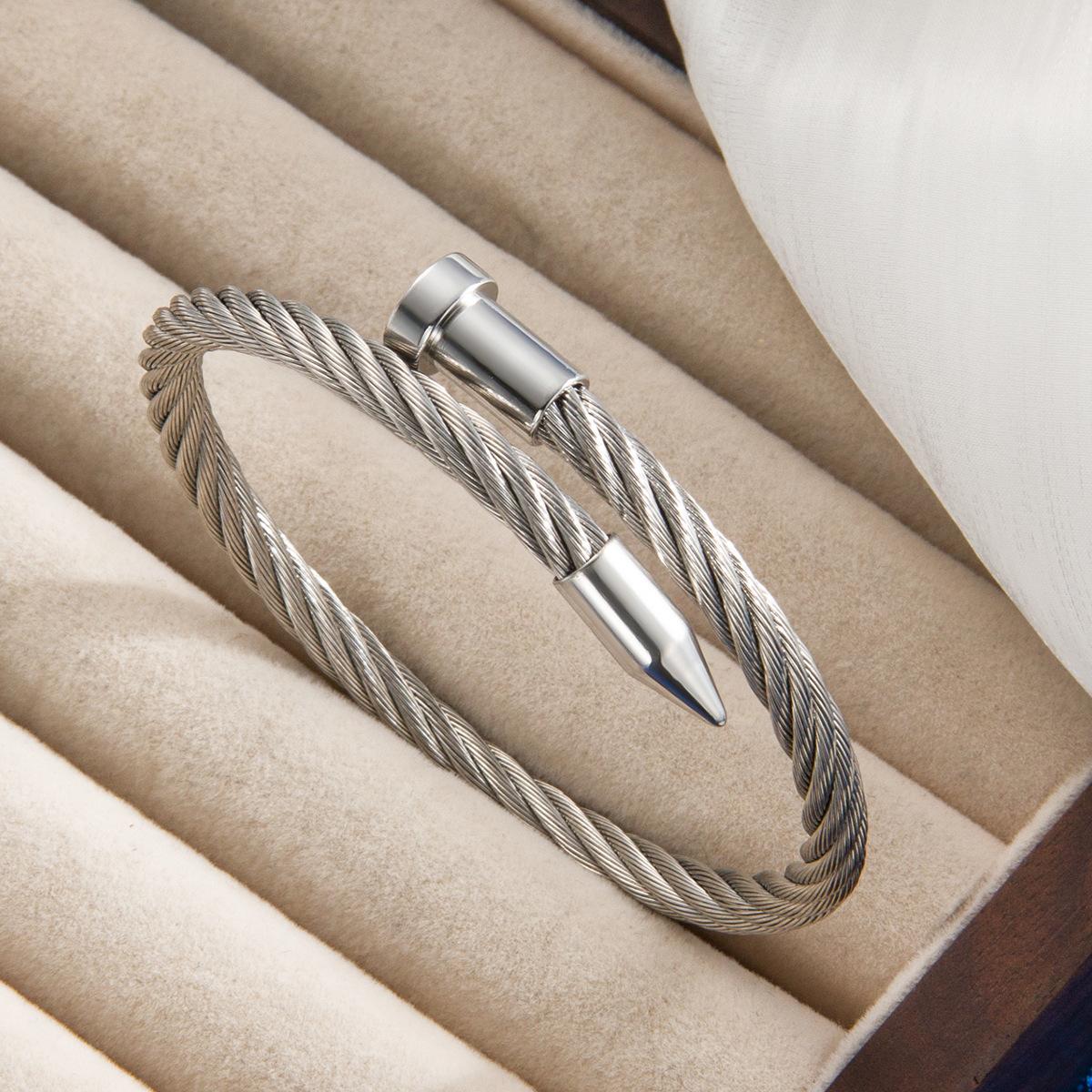 Stainless Steel Wire Nail Punk Hip-Hop Bangle Bracelet with PVD 18k Gold Plating