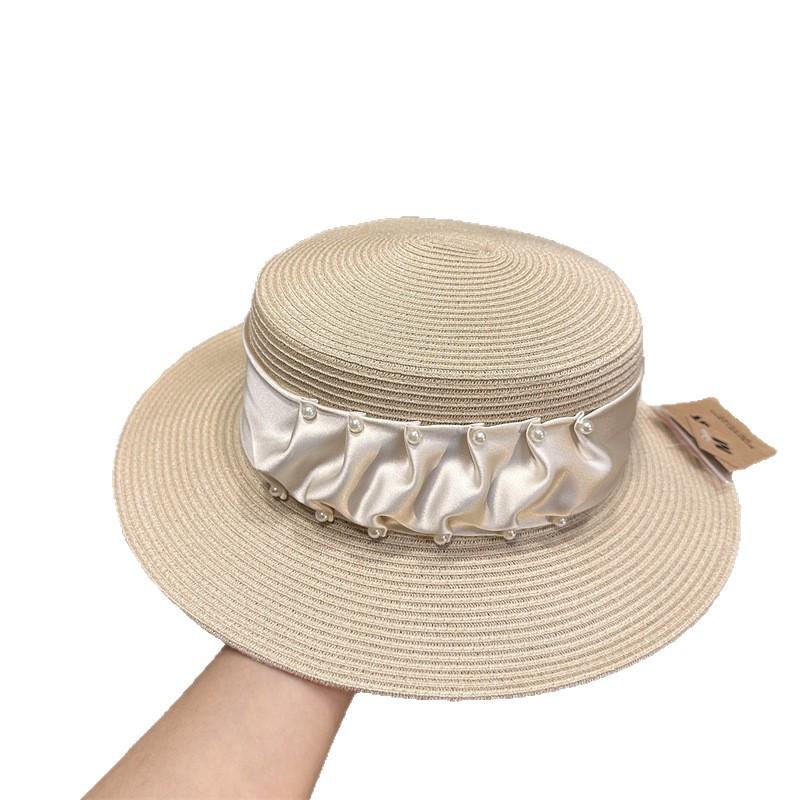 Luxury Elegant Women Summer Straw Hat Flat Top Boater Cap Folds Silk Pearl Decor Hand Weave Wide Brim Sun Hat Panama Fedora