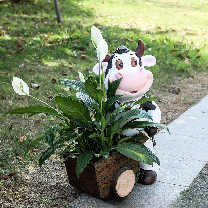 American Creative Cow Cart Floor-standing Flower Pot Ornaments Villa Homestay Garden Courtyard Outdoor Landscape High-end Decoration