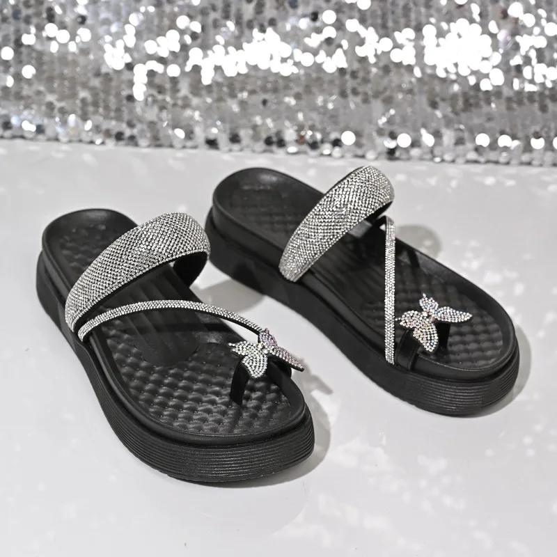 Fashion 2025 New Women's Thick Sole Summer Beach Flip Flop Sandals with Butterfly Rhinestone Toe Post Fashionable Versatile Slippers