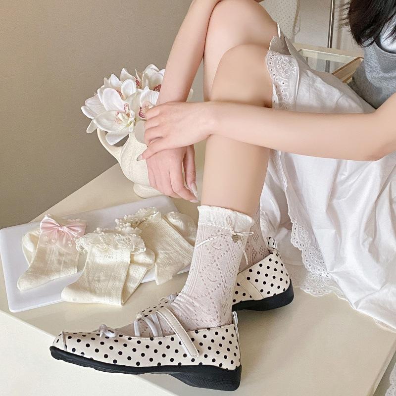 Cream White Hollow Breathable Cotton Ruffle Bow Calf Socks Kawaii Jk Lolita Daily Party Dress Accessory Women Socks