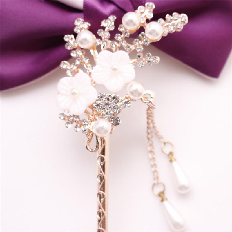 Women Elegant Wedding Gift Hair Pin Colorful Hairpin Rhinestone Hairstick Flower