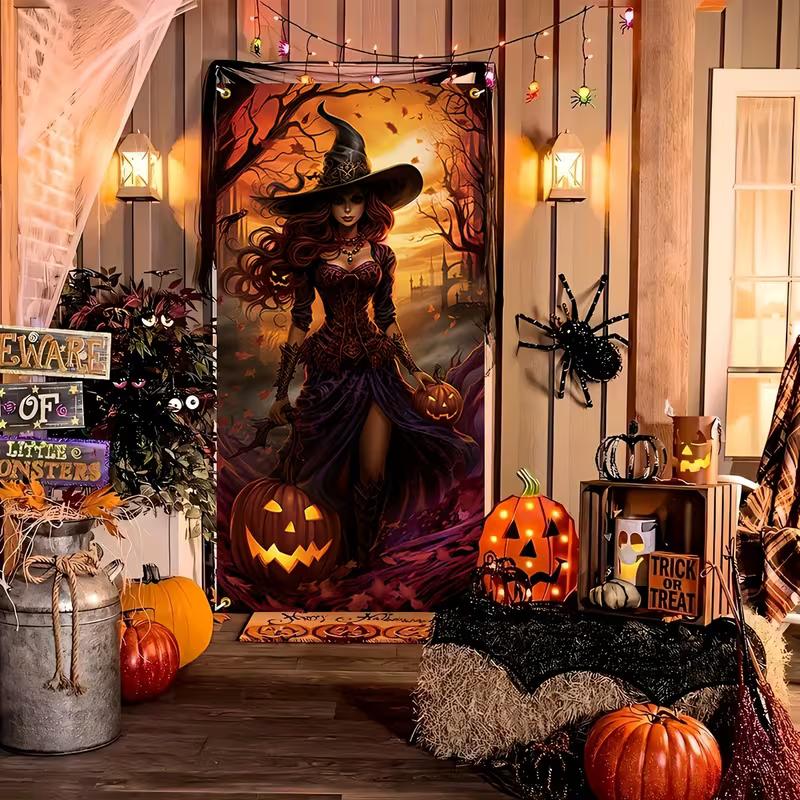 2D Halloween Gothic Witch Door Cover, Witch with Pumpkins Party Backgroun
