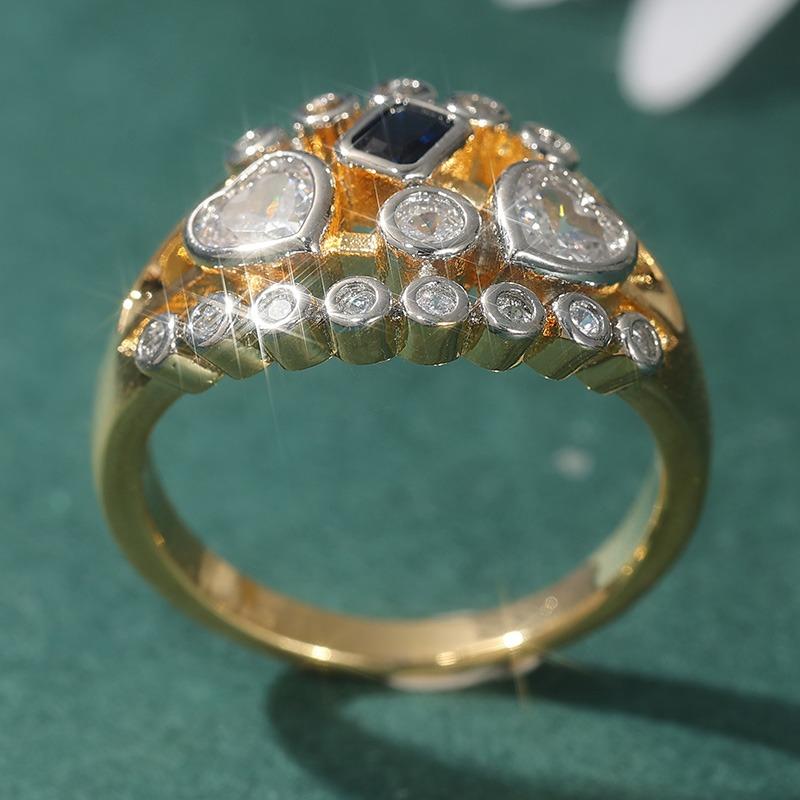 Exquisite Two Color Inlaid Blue White CZ Heart Women's Ring Geometry Daily Wear Party Jewelry