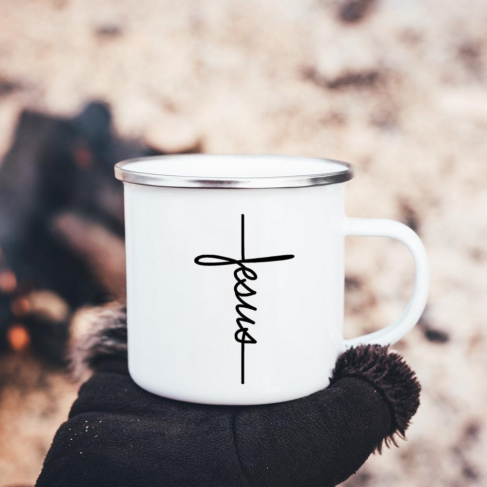 Faith Hope Love Print Christian Creative Enamel Mugs Outdoor Travel Coffee Cup Drink Dessert Milk Vintage Handle Drinkware Gift