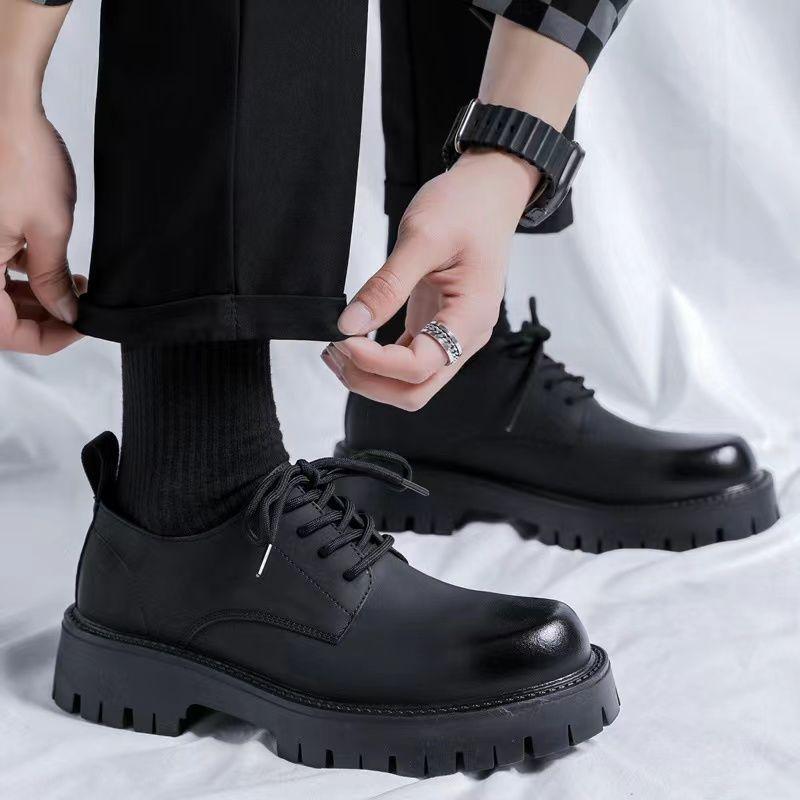 Derby Leather Shoes Men's British Style High Sense Korean Version Trend Leather Thick Sole Height Increase Wedding Groom Best Man Shoes
