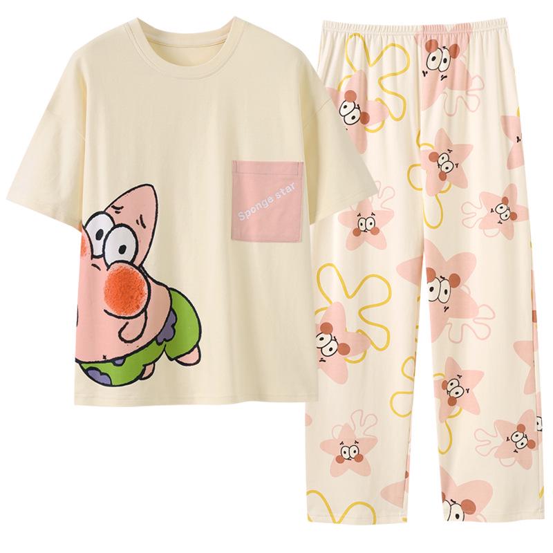 Women's Summer Pajama Set: Plus Size Loose Fit, Short Sleeve Top & Long Pants with Cartoon Design, Lightweight Home Wear