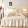 3PCS Double-Layer Lace Edge Sanded Solid Color Light Luxury Gray Bed Skirt Three-Piece Set 1Ps Bed Skirt + 2pcs Pillowcase