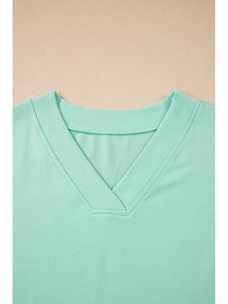 2026 Summer Women's Casual Solid Color V-Neck Short Sleeve Two-Piece Set with Pockets