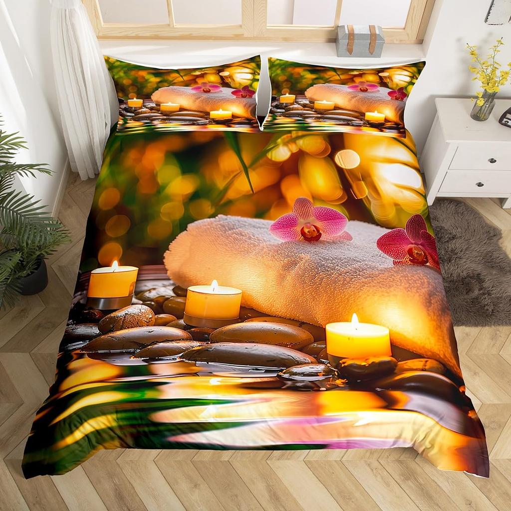 Zen Stones Duvet Cover Green Bamboo Fountain Bedding Set,Twin King,Spa Still Life Comforter Cover Natural Meditation Quilt Cover