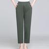 High Waist Elastic Waistband Women Pants Button Decoration Pockets Thin Office Lady Straight Wide Leg Trousers