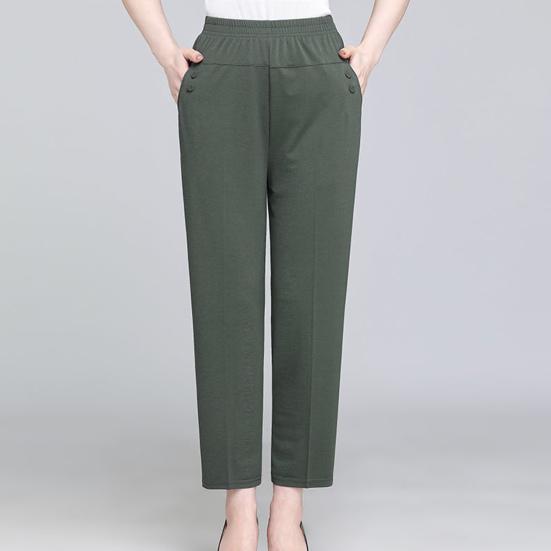 High Waist Elastic Waistband Women Pants Button Decoration Pockets Thin Office Lady Straight Wide Leg Trousers