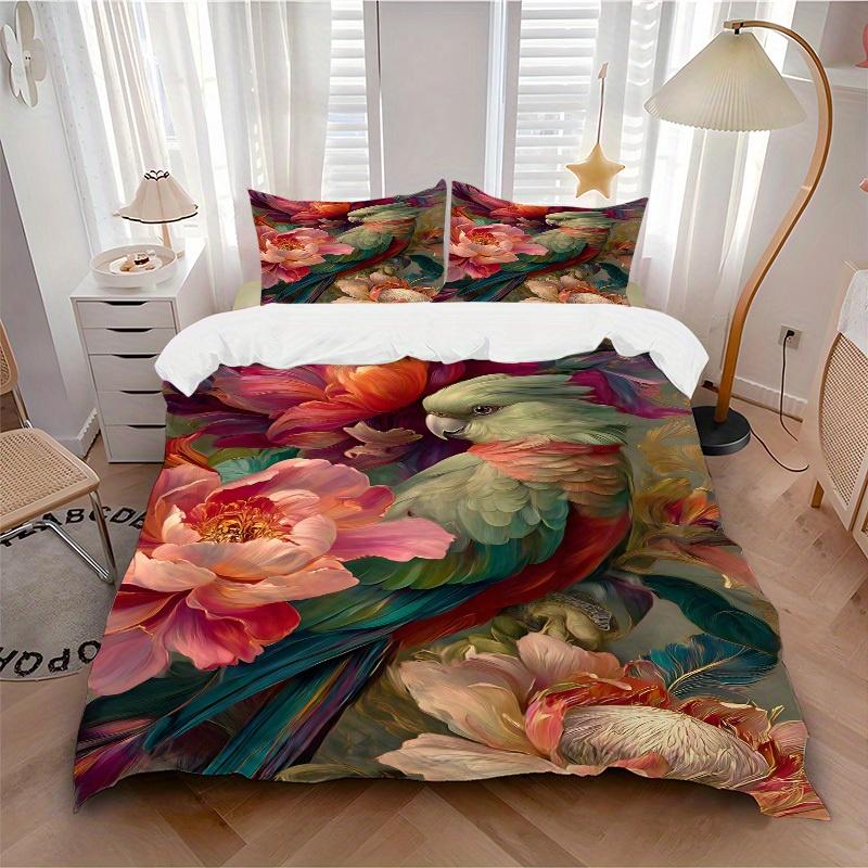 

3pcs Parrot Blossoms Bedding Cover Set, Fashion Classic Popular Print Bedding Set, Soft Comfortable, All - Season Use, For Bedroom, Guest Room132 135x200cm