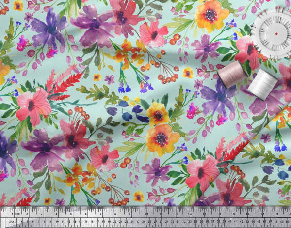Soimoi Japan Crepe Satin Fabric Flower & Leaves Watercolor Decor Fabric Printed metre 42 Inch