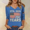 Womens V Neck 3/4 Sleeve Top with Printed States Flag and 250 Years Letter Design Casual Fit