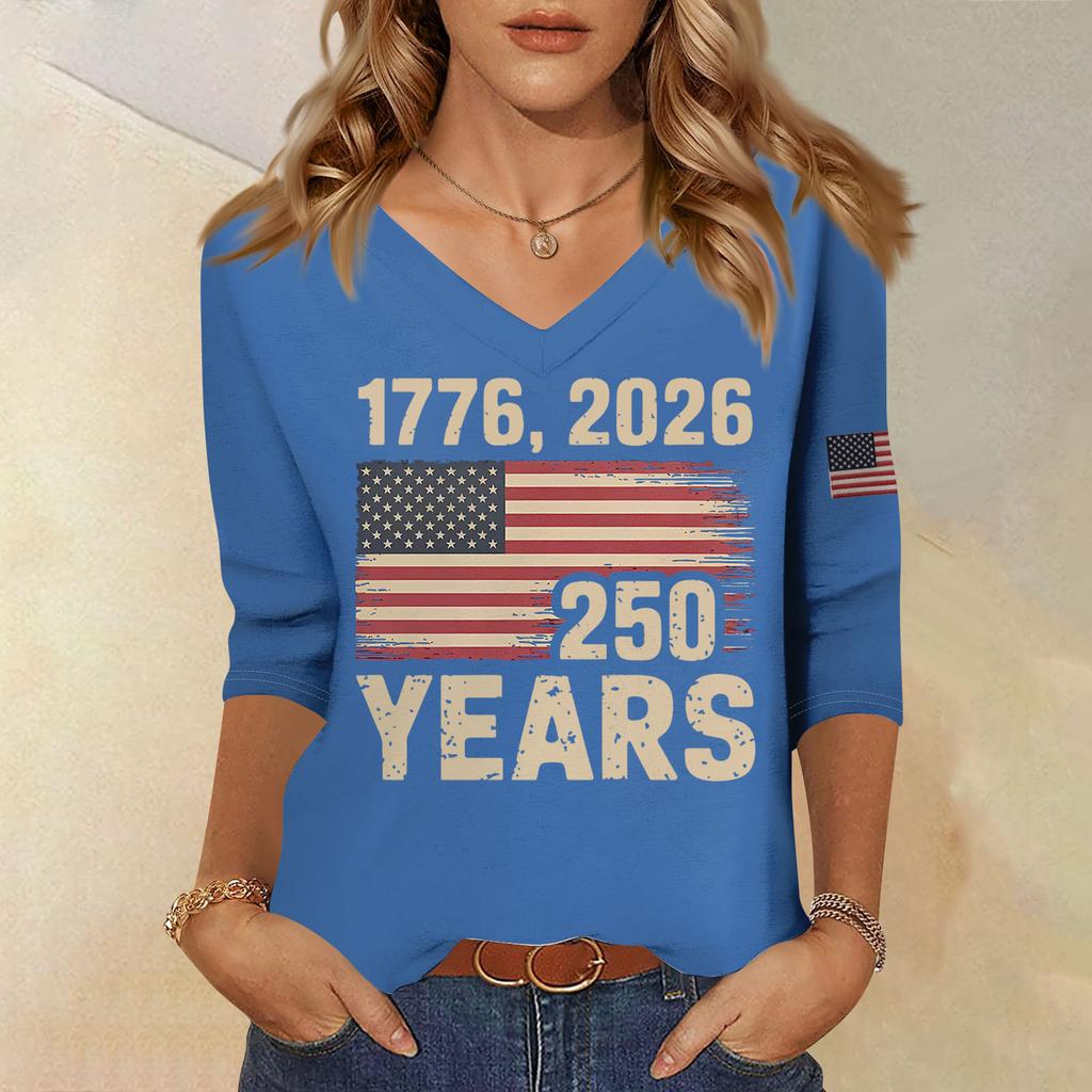 Womens V Neck 3/4 Sleeve Top with Printed States Flag and 250 Years Letter Design Casual Fit