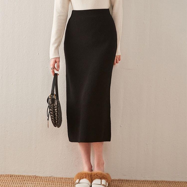 Falda Lápiz de Punto de Invierno de Cintura Alta para Mujer Elástica Ajustada de Largo Medio Faldas Cálidas