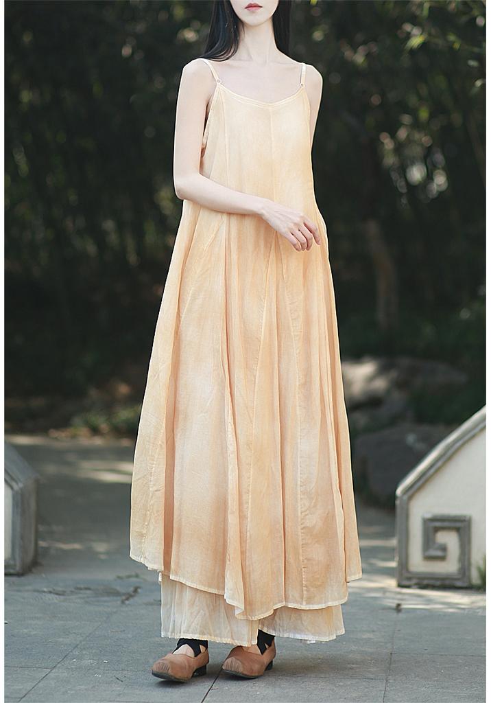 Homemade plant dyeing spray dyeing suspender long dress irregular big swing literary dress cool blue