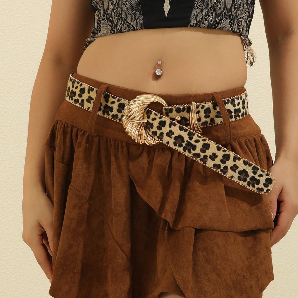 Modern Leopard Print Belt With Wave Metal Buckle For Womens Casual Outfits