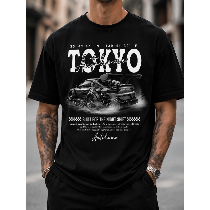 Men's Tokyo Autohome Graphic T-Shirt With JDM Sports Car Print, Short Sleeve Crewneck Tee For Streetwear And Night Driving Fans