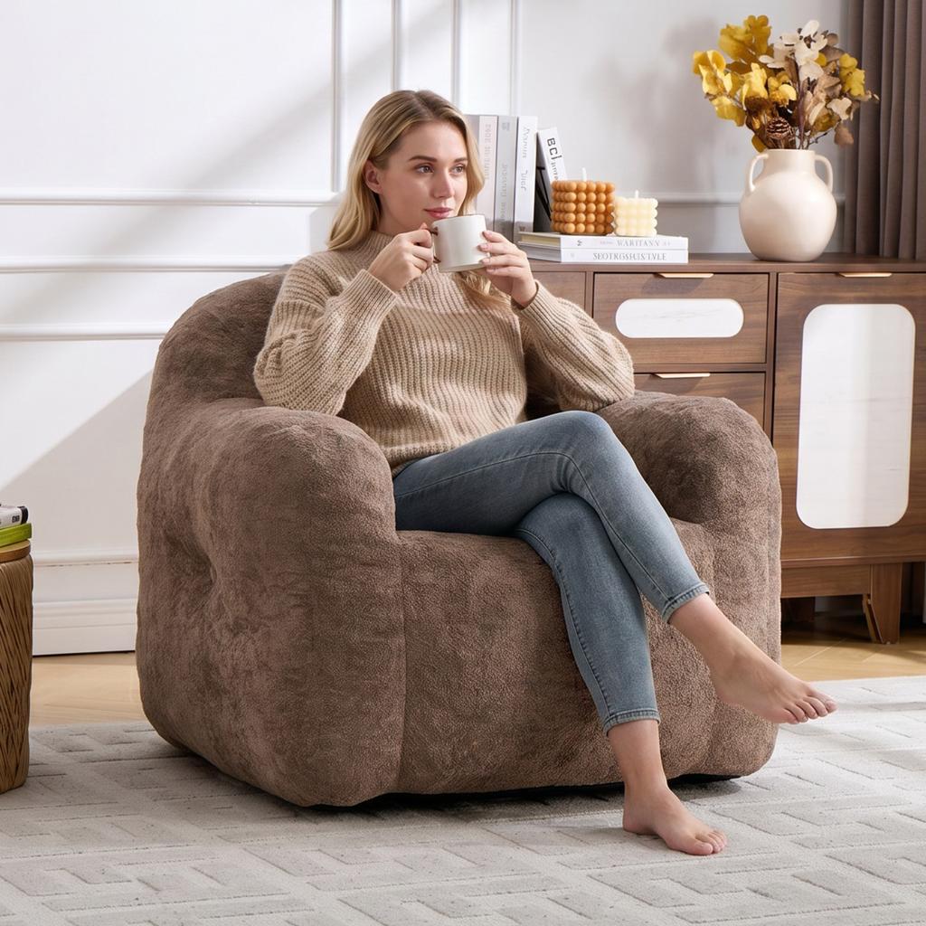 Bean Bag Chair with Shredded Sponge Filler ,Faux Fur Beanbag Sofa with Armrests , for Living Room, Bedroom & Reading,No Assembly Required ,Khaki