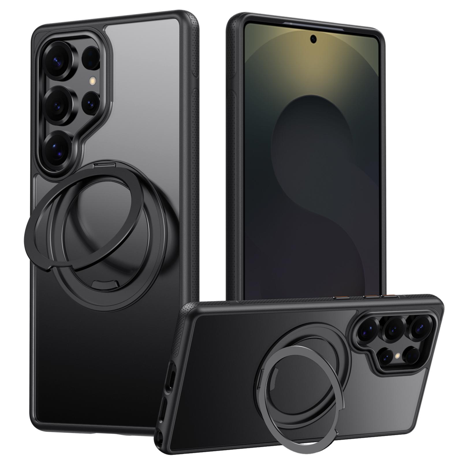 

Магнитный чехол для Samsung Galaxy S25 Ultra с вращающейся шестерней и откидной подставкой, задняя крышка для телефона из ПК+ТПУ Matte Black