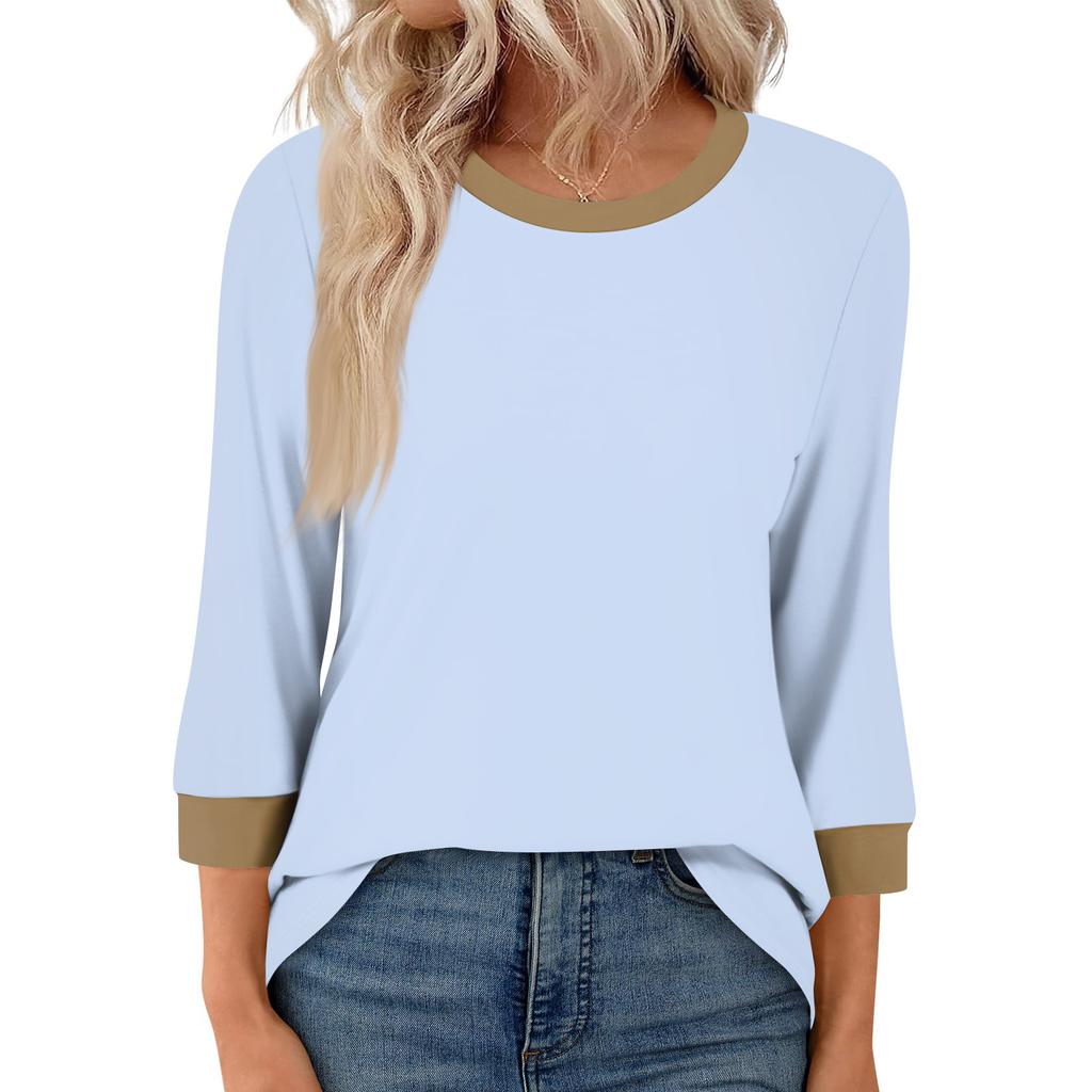 Women's Fashion Casual Seven Sleeve T-Shirt Print Round Neck Top