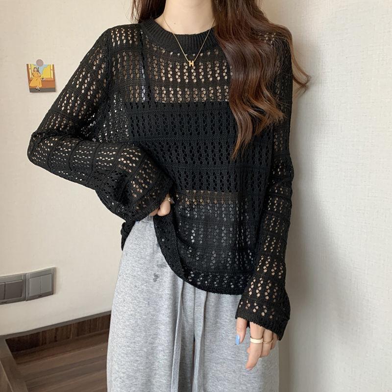 Women's Hollowed Out Knitted Sweater for Spring and Summer Loose Fitting Sun Protection Cover Long Sleeved Unique Top
