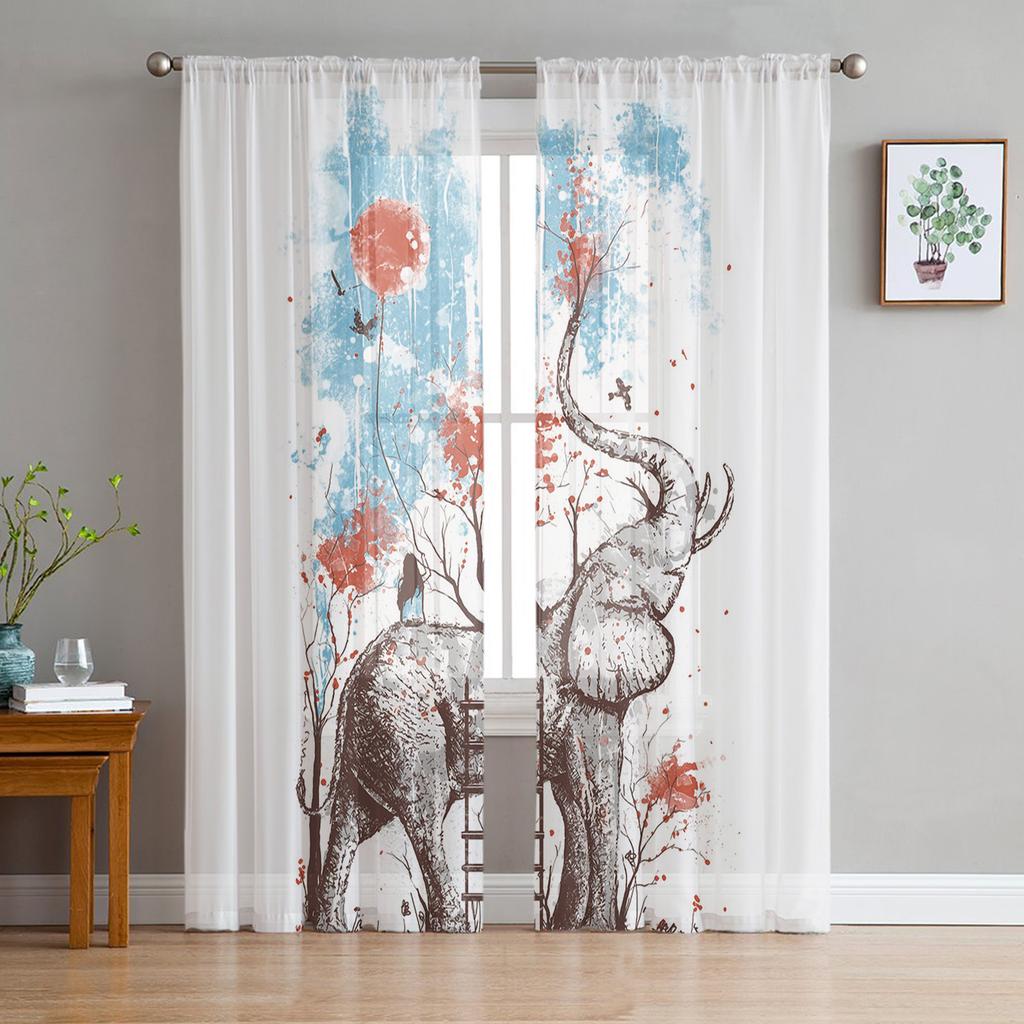 Elefant und Schmetterling Vintage Transparente Vorhänge für Wohnzimmer Voile Vorhang Schlafzimmer Badezimmer Tüllvorhänge Fenstervorhänge