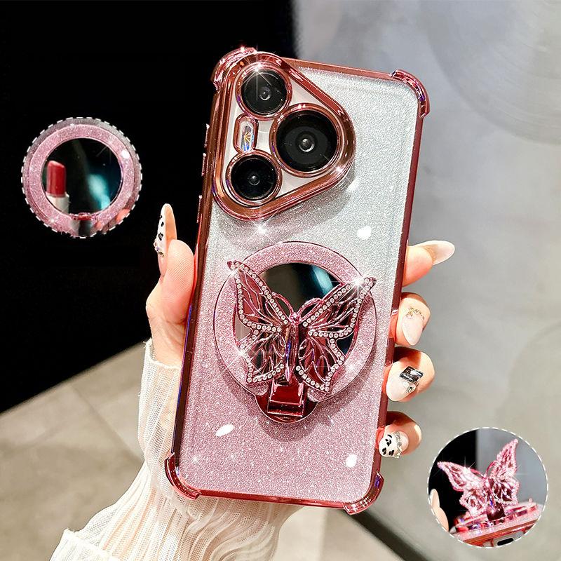 Butterfly Glitter Mirror Holder Phone Case For Huawei P30 Lite P40 P50 P60 Pura 70 Pro Mate 40 50 60 70 Shockproof Stand Cover