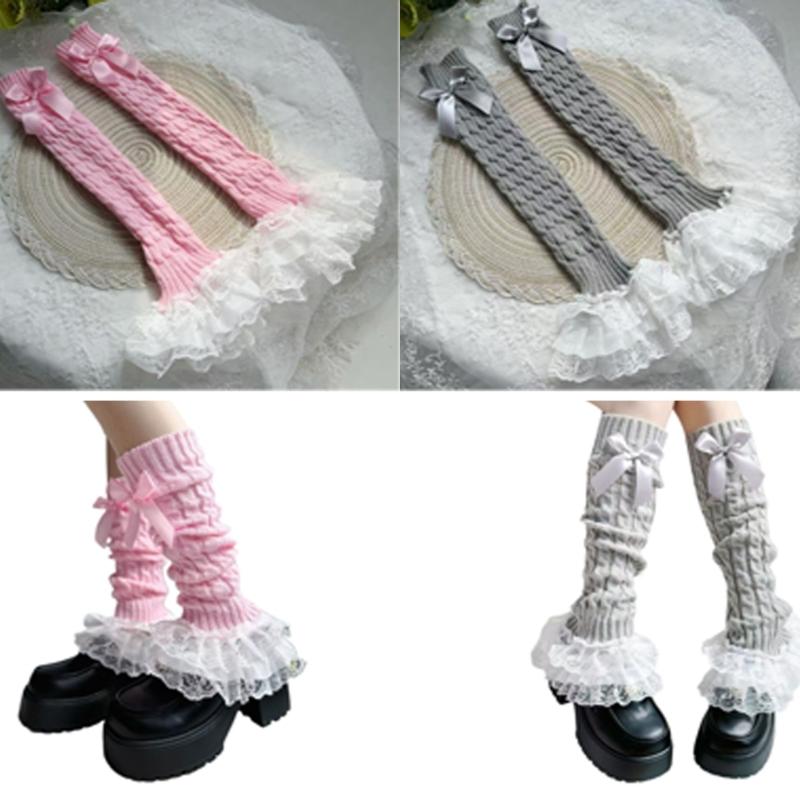 Cable Knit Leg Warmers Boot Cuffs with Bowknot Decorated Sweet Tiered Ruffled Lace Trim Leg Covers Calf Socks for Women
