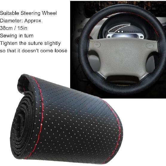 Car Steering Wheel Stitch On Wrap Cover, Universal Car Steering Wheel Cover, Hand Sewing Perforated Microfiber Leather Steering Wheel Cover(Black