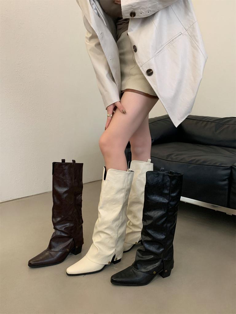 Spice Girl Style Pointed Head Thick Heel But Knee Boots Women's Fashion Temperament Thin Trouser Boots Western Cowboy Knight Boots
