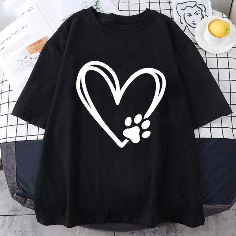 Heart Dog Footprint Print Short Sleeve T-shirt Women's Slight Stretch Round Neck Loose Casual Tee Summer T Shirt for Women